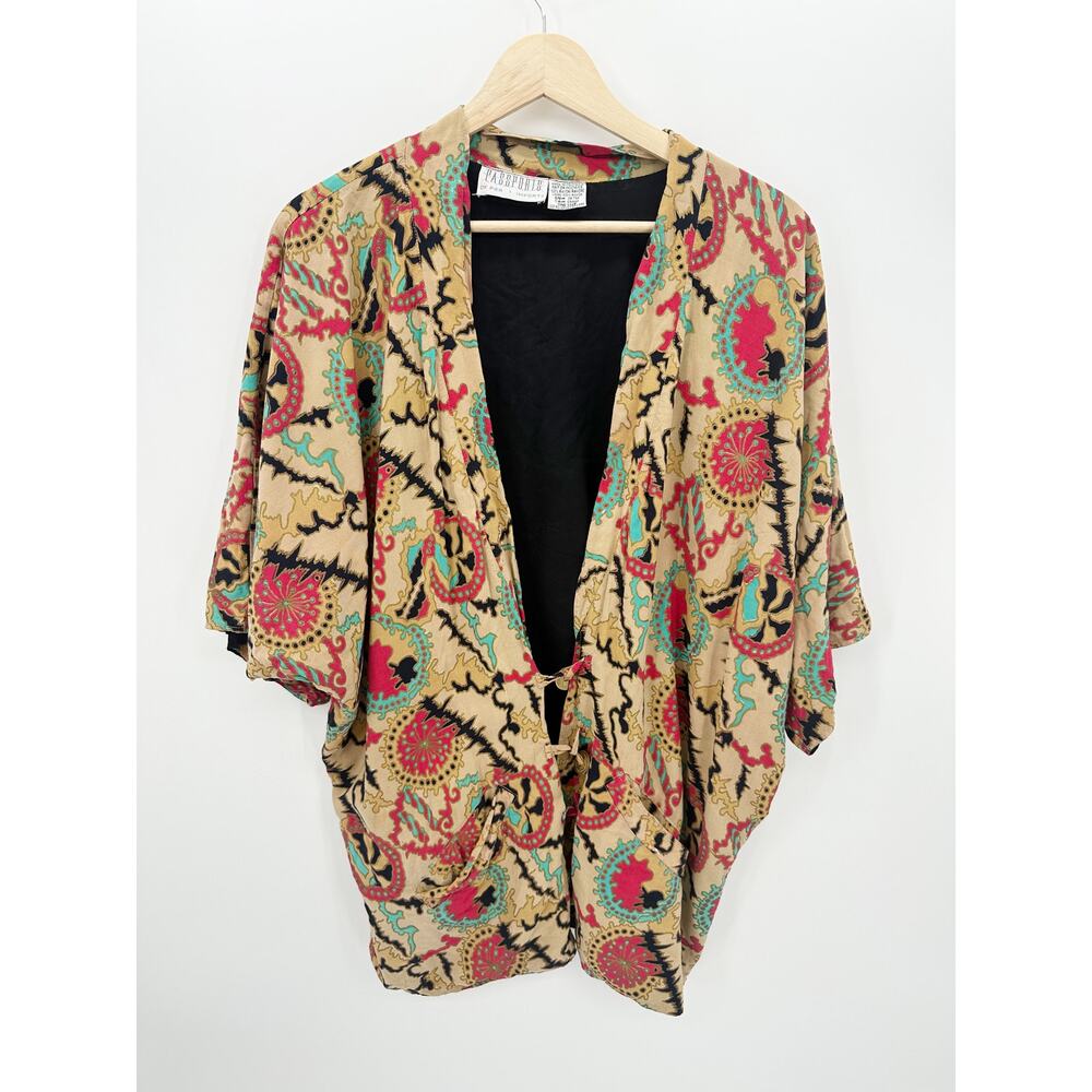 Passports Vintage Tan Paisley Print Kimono Cardigan Rayon Loop Closure OS
